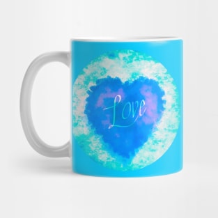 AQUA LOVE HEART CIRCLE, BLUE AND TURQUOISE, HANDWRITTEN WORD LOVE Mug